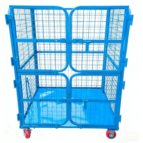 Blue Wire Mesh Roll Container – Heavy Duty Double-Door Trolley for Warehouse Logistics