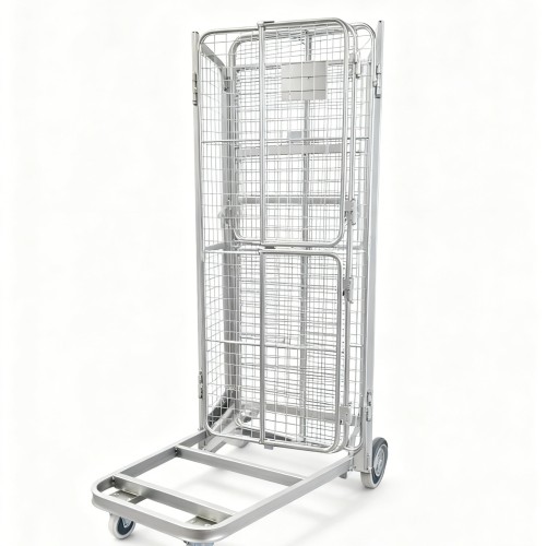 Galvanized Wire Mesh Roll Container – Foldable Security Trolley for Warehouse Logistics