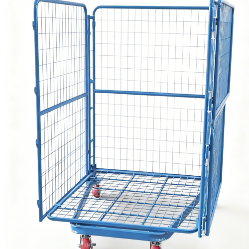Collapsible Double-Door Roll Cage – Powder-Coated Steel Mesh Cart for Inventory Transport