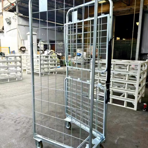 Galvanized Wire Mesh Roll Container – Foldable Security Trolley for Warehouse Logistics