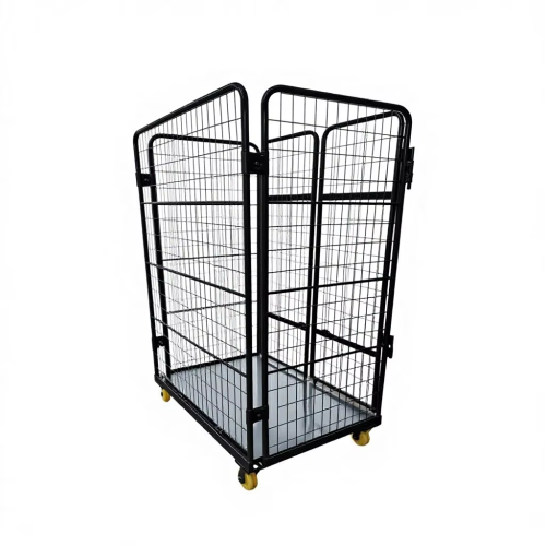 Black Wire Mesh Roll Container – Foldable Security Trolley for Warehouse Logistics