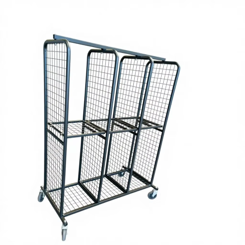 Heavy Duty Double-Level Roll Container – Black Steel Mesh Trolley for Inventory Transport