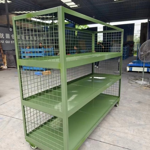 Three-Tier Mobile Storage Rack – Heavy Duty Mesh Side Shelving Cart for Warehouse