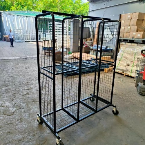 Heavy Duty Double-Level Roll Container – Black Steel Mesh Trolley for Inventory Transport