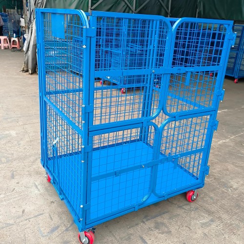 Blue Wire Mesh Roll Container – Heavy Duty Double-Door Trolley for Warehouse Logistics